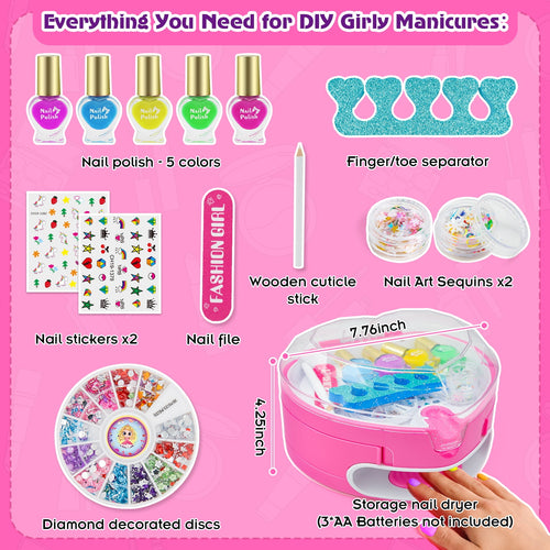 BATTOP Kids Nail Polish Kit for Girls Ages 6-12, Nail Art Set with Nail Dryer, Peel-Off Polish & Organizer